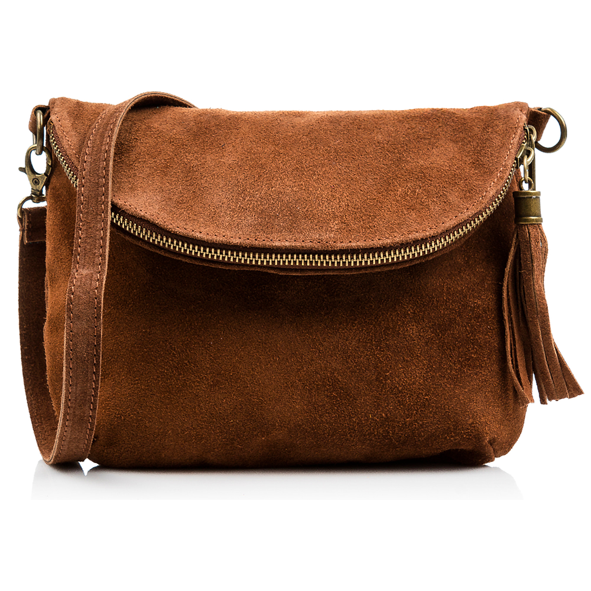 FIRENZE ARTEGIANI Borsa a Spalla da Donna Cenerente Vera Pelle Scamosciata Made in Italy 24x3x19 Cm. Colore: marrone scuro