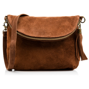 FIRENZE ARTEGIANI Borsa a Spalla da Donna Cenerente Vera Pelle Scamosciata Made in Italy 24x3x19 Cm. Colore: marrone scuro
