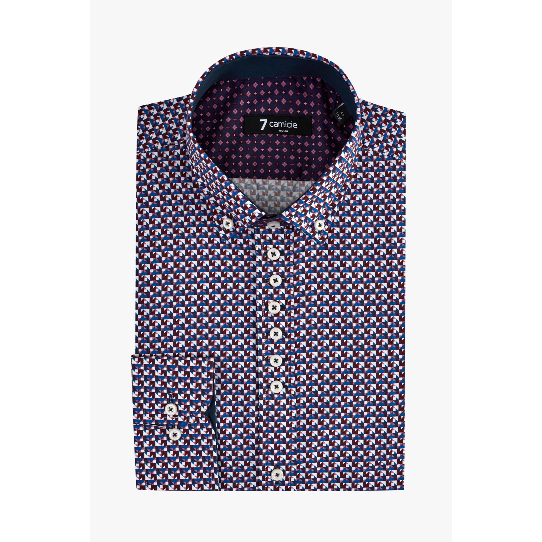Camicia Uomo 1 Bottoni Button Down Slim Popeline Stampato Bordeaux/Blu