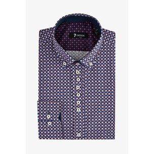 Camicia Uomo 1 Bottoni Button Down Slim Popeline Stampato Bordeaux/Blu