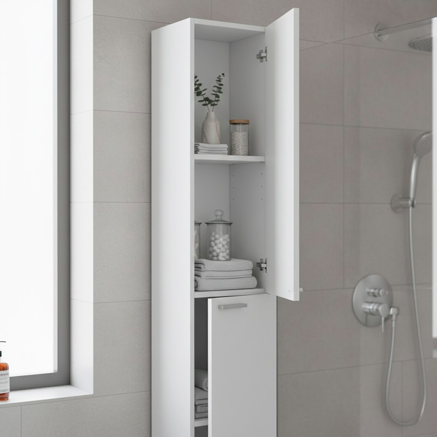 Colonna Armadio Da Bagno Con Doppia Anta E 4 Ripiani Mobile Alto Salvaspazio In Melaminico Chiusura Ammortizzata 30 x 25 x 182 Cm Bianco Lucido