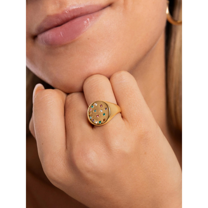 Anillo Sello Bling Rainbow Acero Baño Oro