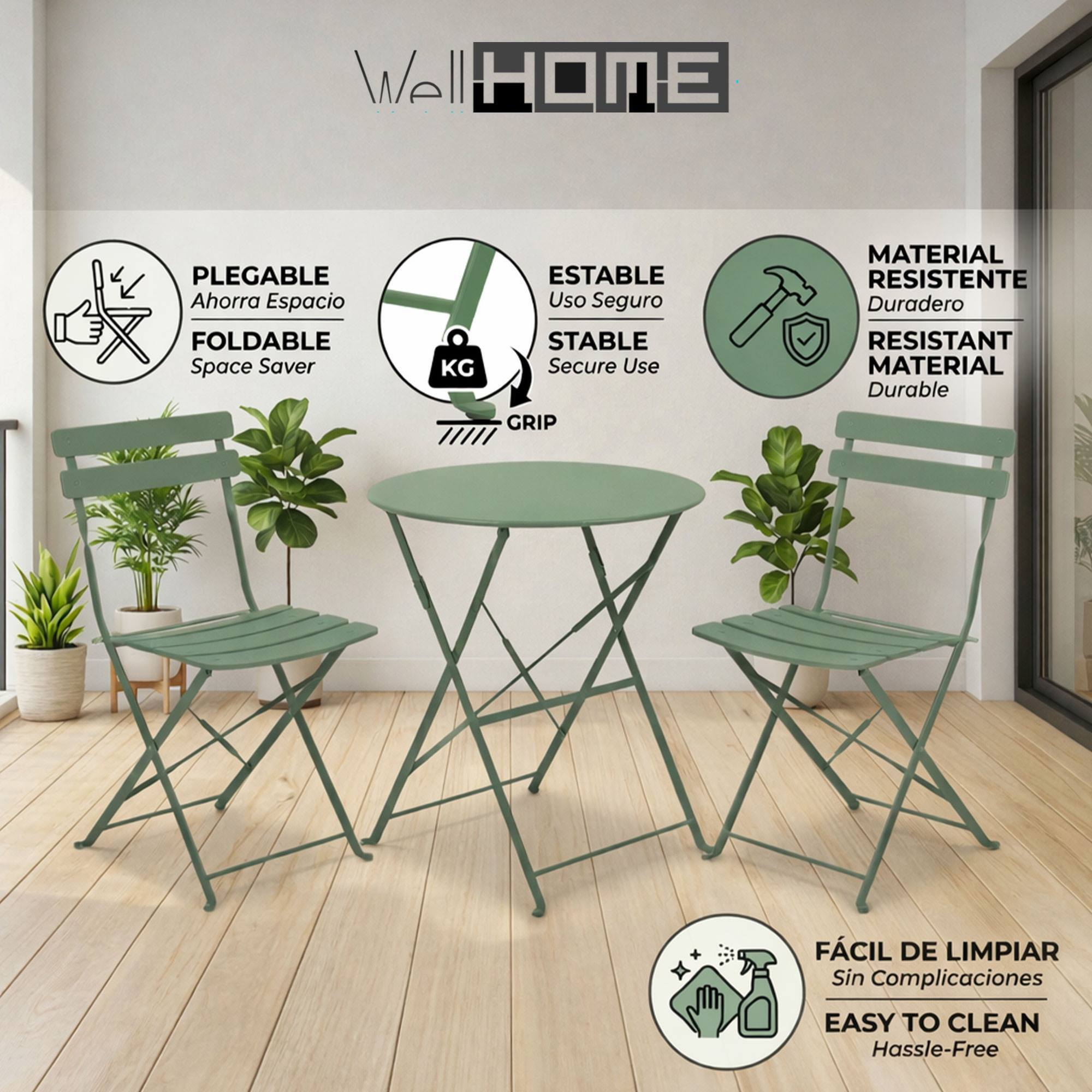 Set bistro plegable de 3 piezas (mesa 60cm + 2 sillas) en acero y verde mate, compacto para balcón