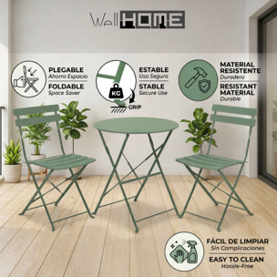 Set bistro plegable de 3 piezas (mesa 60cm + 2 sillas) en acero y verde mate, compacto para balcón