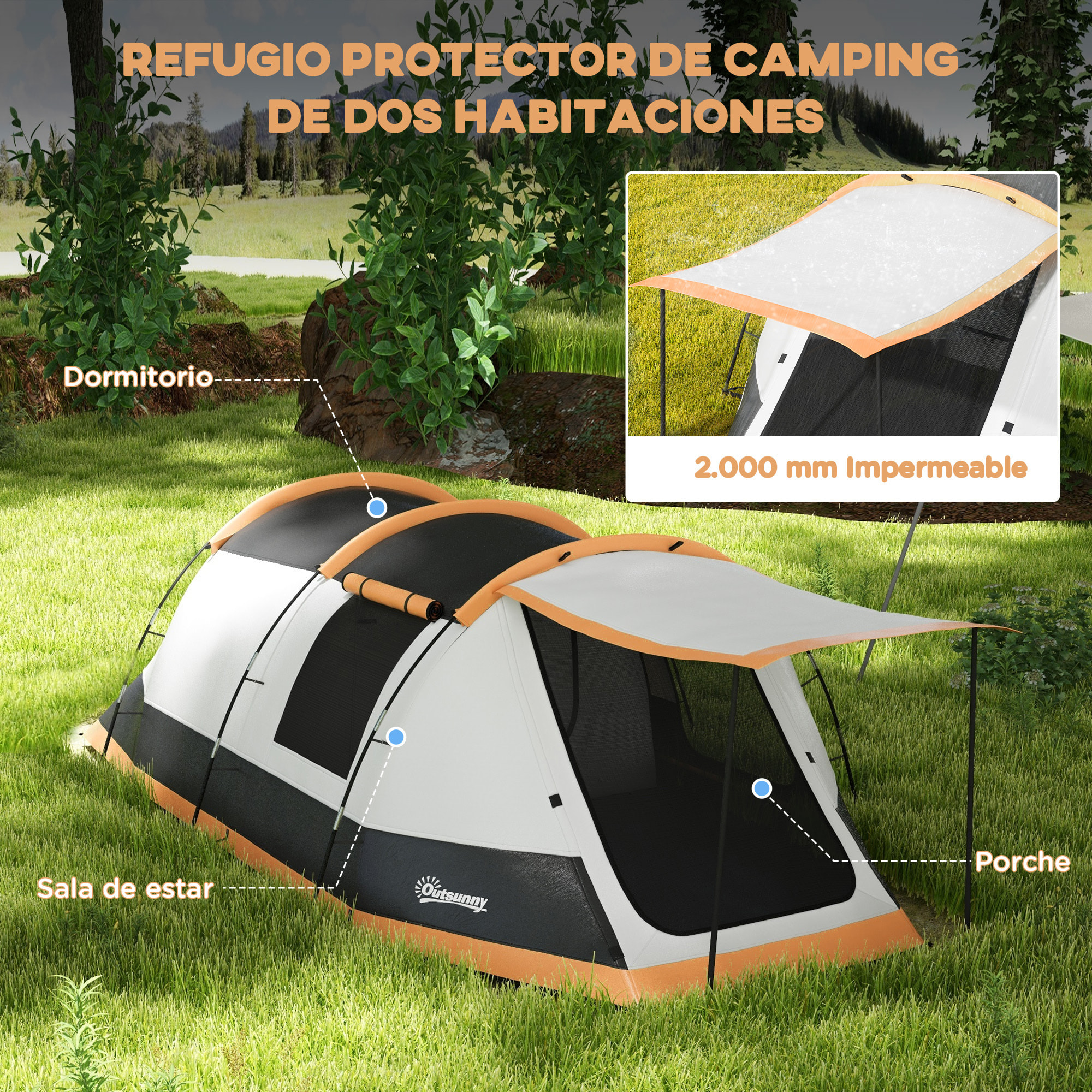 Tienda de Campaña Familiar para 3-4 Personas Tienda de Camping Plegable con 2 Habitaciones y Bolsa de Transporte Impermeable para Senderismo 370x220x130 cm Azul y Gris