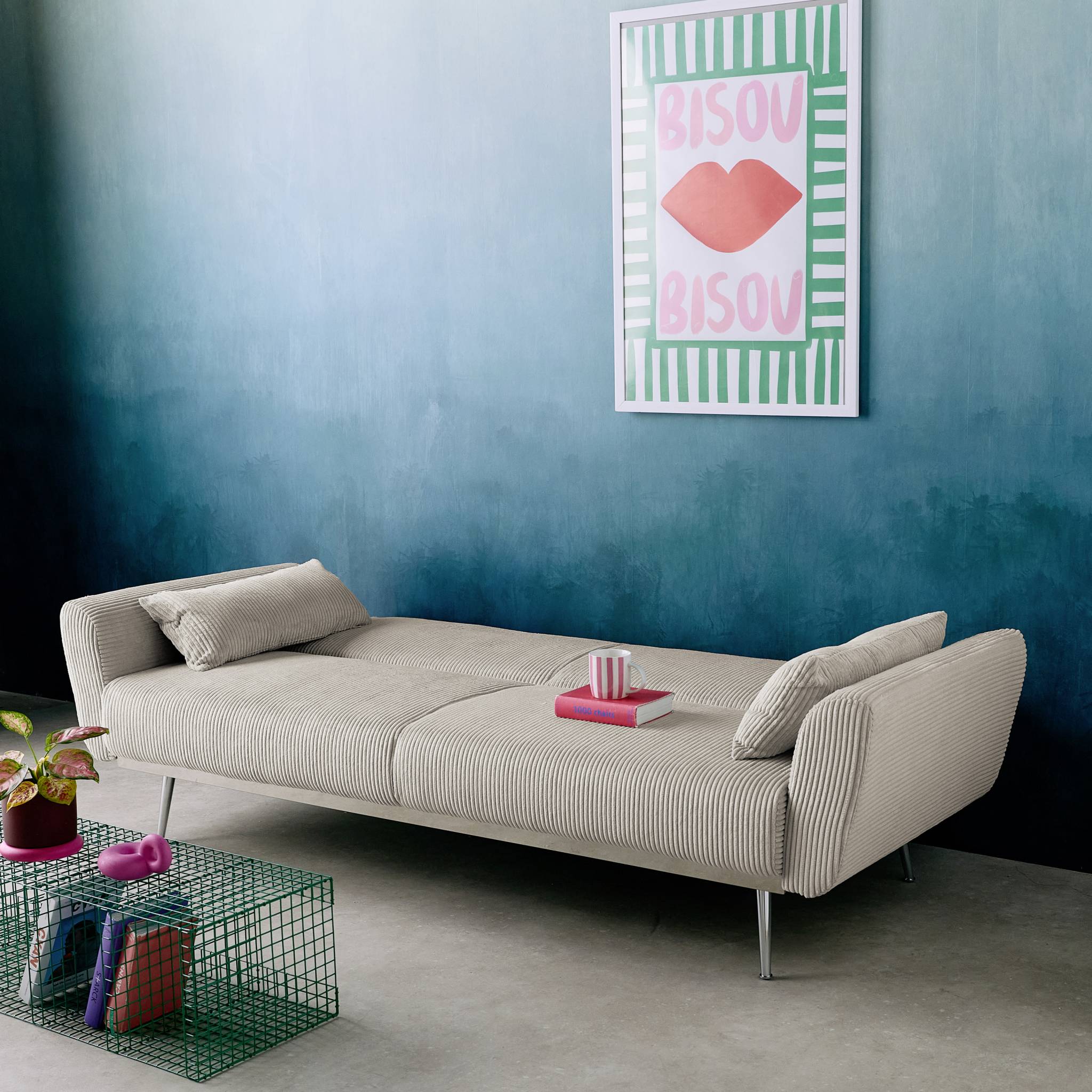 Canapé convertible design en velours côtelé gris clair - Oskar - 3 places scandinave droit avec pieds métal chromé