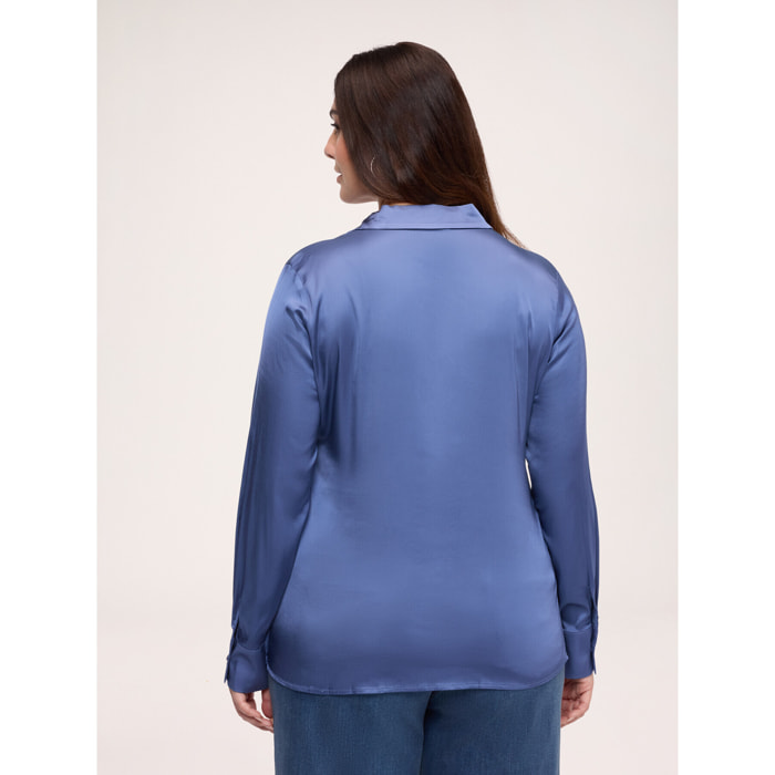 Fiorella Rubino - Blusa in raso stretch con bottoni gioiello - Azzurro