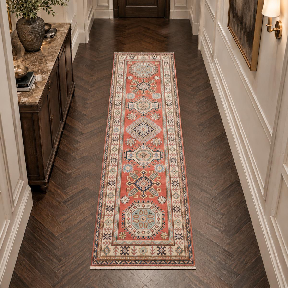 Tapis salon géométrique, noué main en laine, INIKA