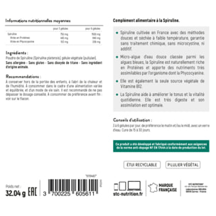 STC NUTRITION - Spiruline 1500 - Complément Alimentaire à Base de Spiruline 100% Française - Qualité Ultra-Pure - Riche en Protéines - Teneur Garantie en Phycocyanines et Chlorophylle - Lot de 3