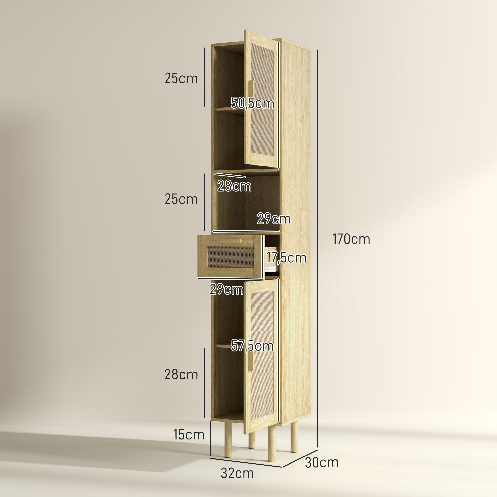 Colonne de salle de bain style bohème H. 170 cm - 2 portes, étagères, tiroir, niche - effet rotin bois clair