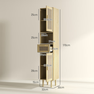 Colonne de salle de bain style bohème H. 170 cm - 2 portes, étagères, tiroir, niche - effet rotin bois clair