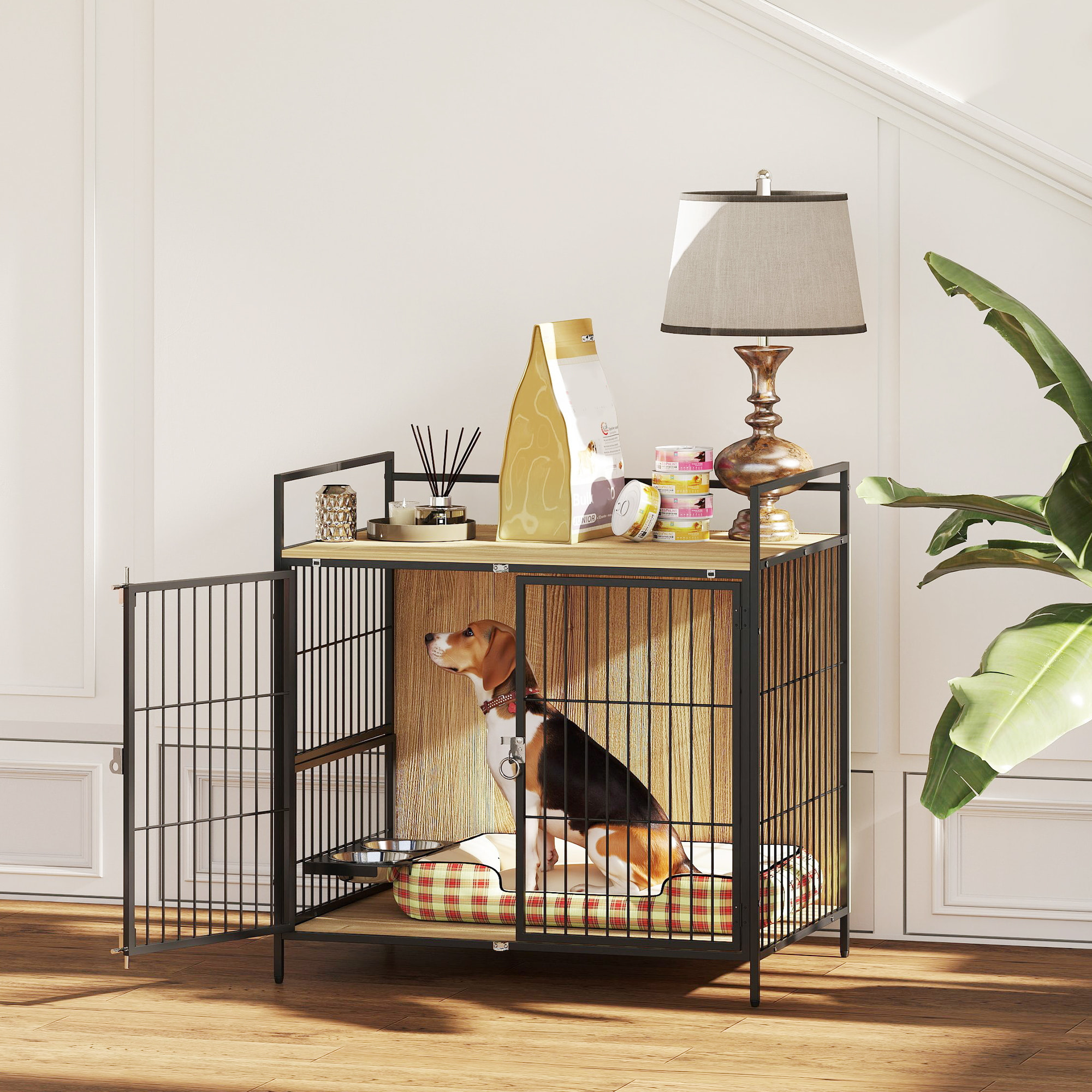 Jaula para Perros Mesa Auxiliar Moderna Casa para Mascotas con Soporte Giratorio con 2 Tazones 2 Puertas y Estante de Almacenamiento Superior para Perros Medianos 80x56x76,5 cm Roble