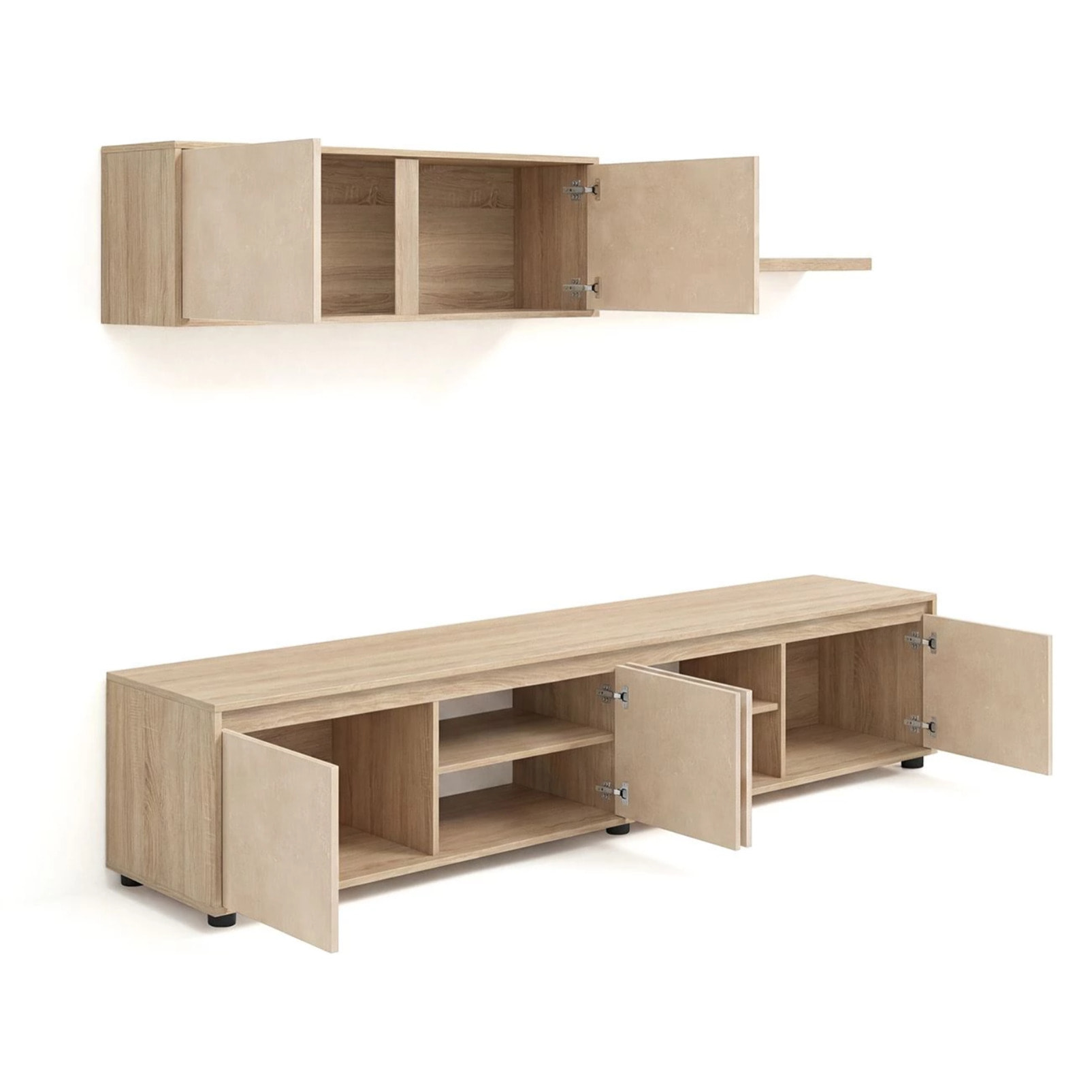 Salón con mueble de TV y estantería en roble canadian y efecto microcemento beige 200 cm Arlet Roble Canadian - Microcemento Beige