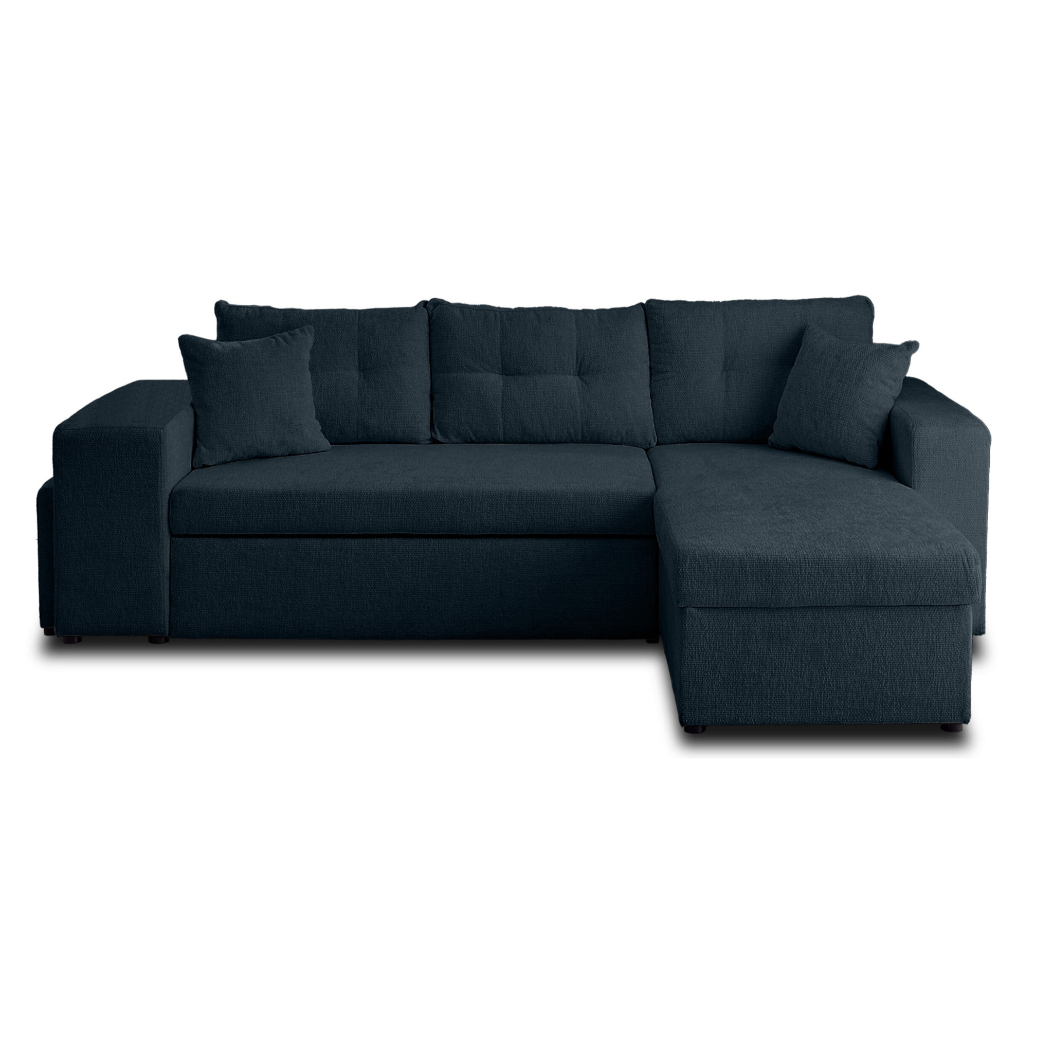 California - canapé d'angle réversible 4 places - convertible avec coffre, étagère et poufs - en velours texturé - Bleu