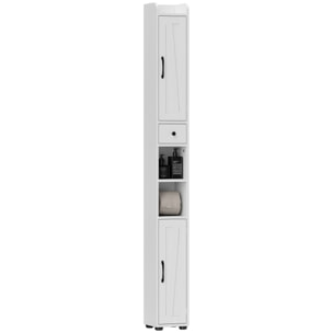 Columna de Baño Estrecha con 2 Puertas Armario Alto de Baño Rústico con Cajón Compartimento Abierto Estantes Ajustables y Portarrollos 20x20x185 cm Blanco