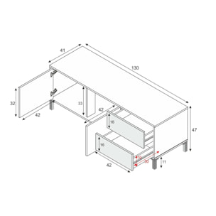 Mobile porta TV Cary, Credenza per televisione a 2 ante, Supporto TV da soggiorno, Mobile porta TV, Madia per salotto, cm 130x41h47, Rovere e Bianco