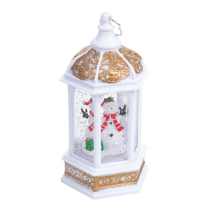 Candil blanco de navidad con luz y efecto nieve de 14 cm. Diseño Muñeco de nieve.