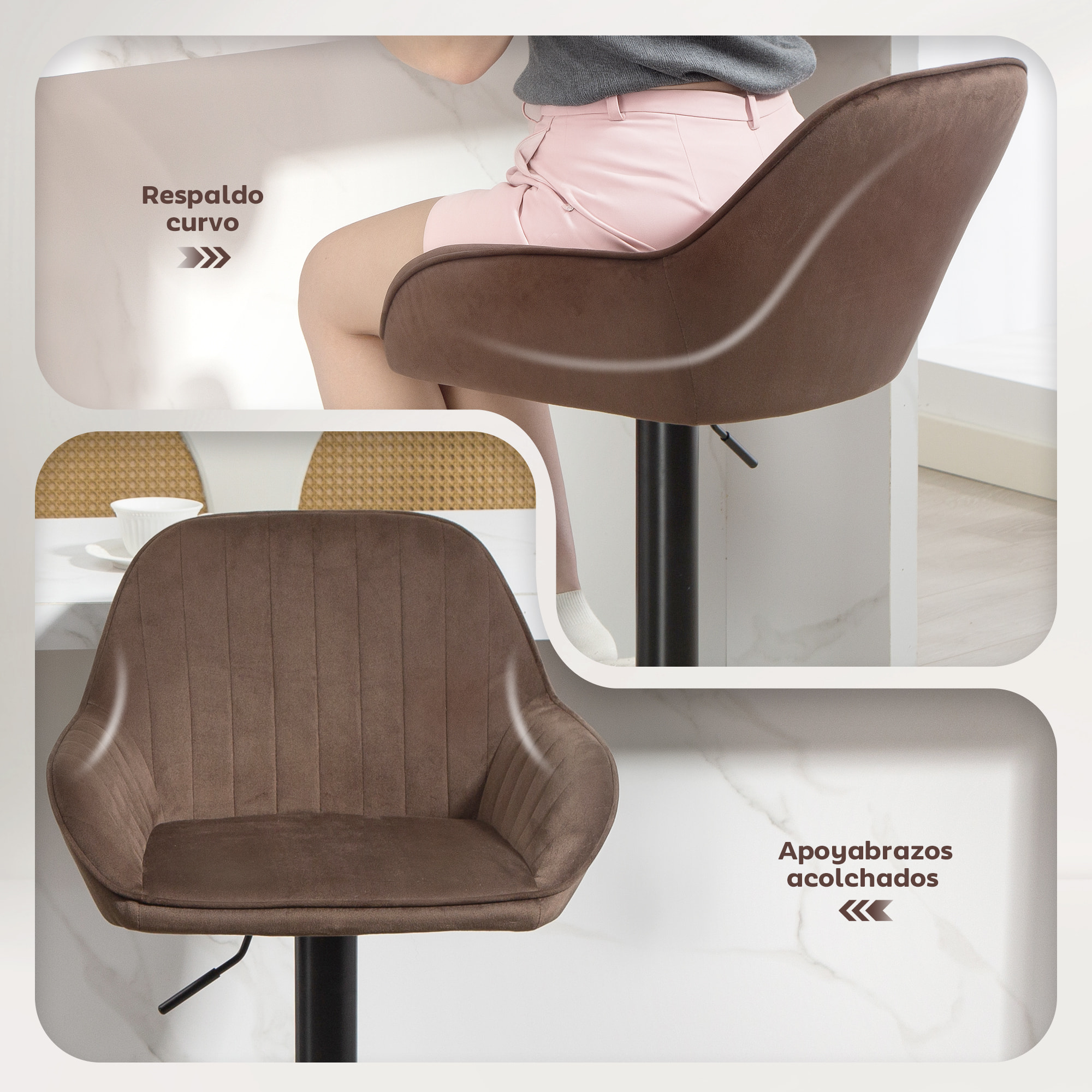 Juego de 2 Taburetes de Bar Giratorios, Taburetes Altos de Cocina con Altura Ajustable 62-83 cm, Sillas Altas de Cocina, Tapizada en Terciopelo, Respaldo y Reposapiés, Marrón