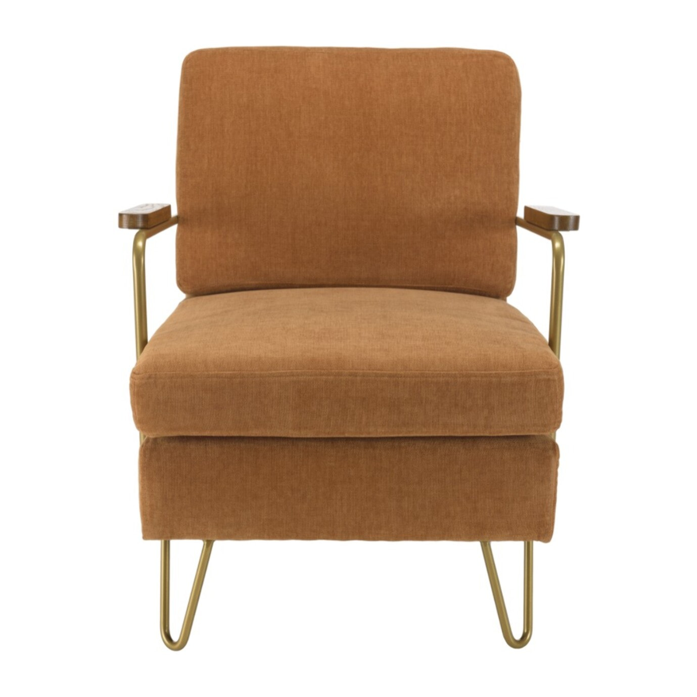 AGATHE - Fauteuil lounge tissu orange métal doré accoudoirs bois