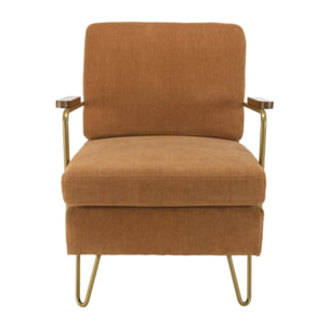 AGATHE - Fauteuil lounge tissu orange métal doré accoudoirs bois