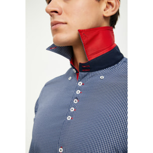 Camicia Uomo 2 Bottoni Button Down 7 Bottoni Slim Cotone Poliestere Riga Stretta Blu\Bianco