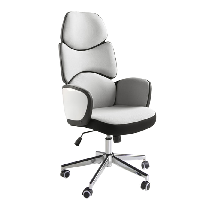 Silla Angel Cerdá oficina giratoria con asiento tapizado en tela gris claro y respaldo de pvc blanco acabado brillo con reposabrazos 64x69x118cm