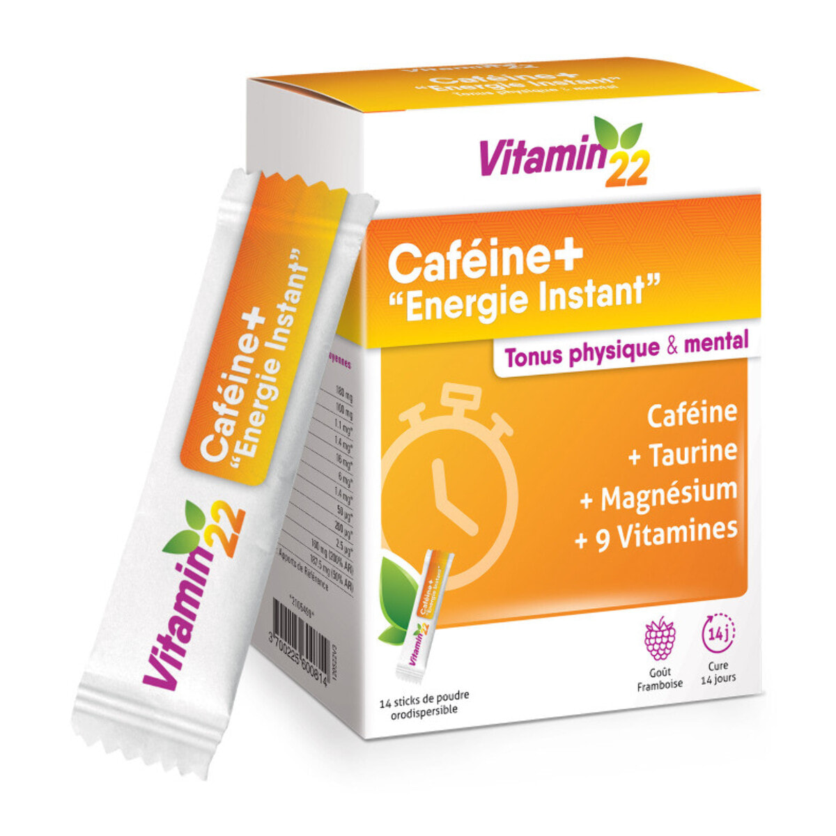 VITAMIN'22 - Caféine+ - Énergie et vitalité quotidienne - Améliore la concentration - 9 Vitamines, Magnésium, Caféine et Taurine - Sans Gluten - Cure de 7 à 14 Jours - 14 Sticks