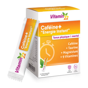 VITAMIN'22 - Caféine+ - Énergie et vitalité quotidienne - Améliore la concentration - 9 Vitamines, Magnésium, Caféine et Taurine - Sans Gluten - Cure de 7 à 14 Jours - 14 Sticks