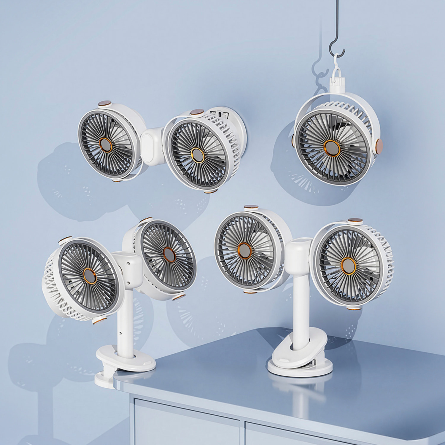 Ventilador modular F16. Con 2 ventiladores independientes, 5 velocidades por unidad y giro 360° vertical y horizontal. 3 niveles de iluminación y diseño versátil de sobremesa, pared, techo o uso portá