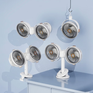 Ventilador modular F16. Con 2 ventiladores independientes, 5 velocidades por unidad y giro 360° vertical y horizontal. 3 niveles de iluminación y diseño versátil de sobremesa, pared, techo o uso portá