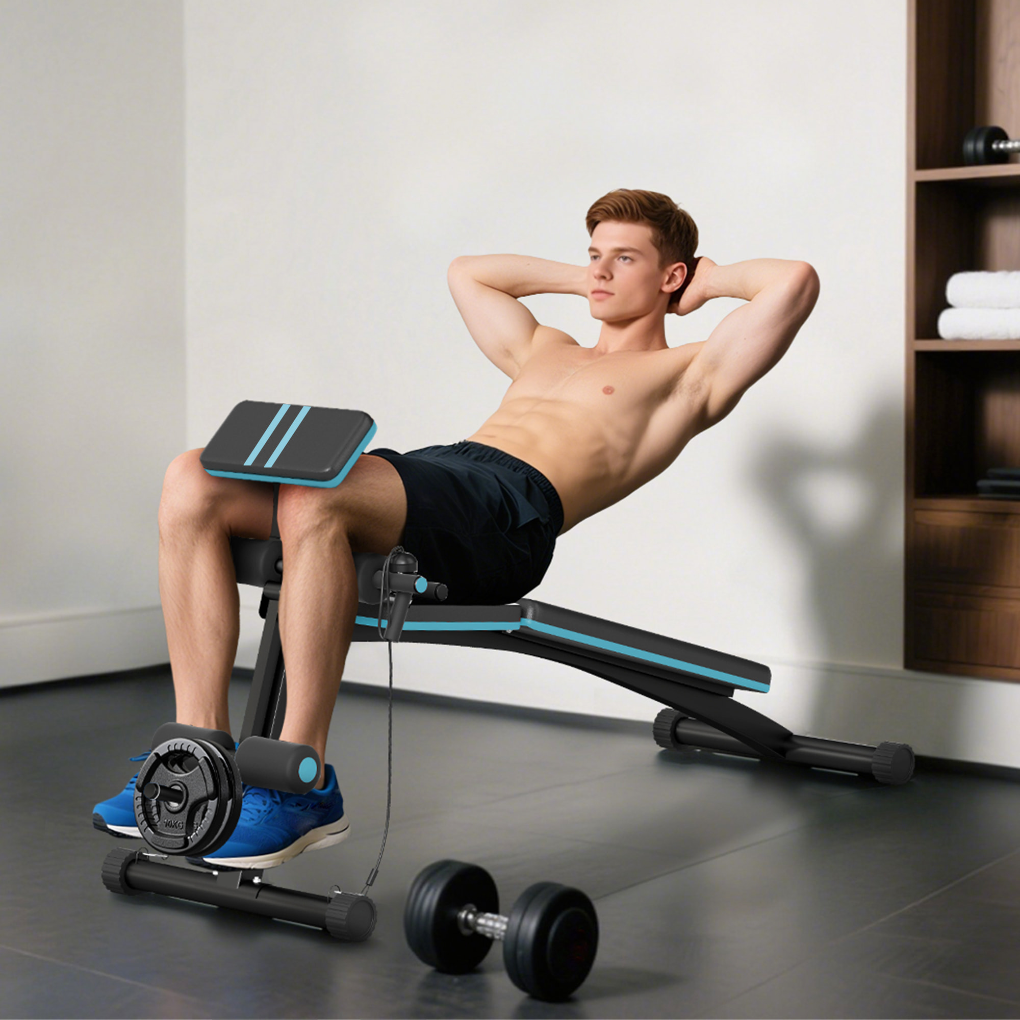Banco de Musculación Plegable, Banco de Pesas, Respaldo Inclinable de 7 Niveles, Extensión de Pierna, Cojín de Predicador, Banda de Resistencia, para Entrenamiento Completo, Casa Gimnasio, Azul