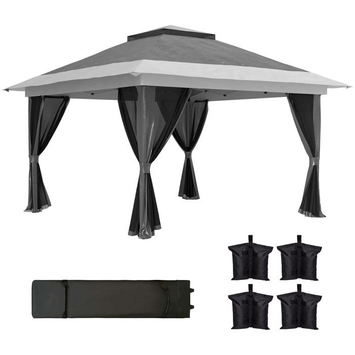 Carpa Plegable Gazebo, 3,6x3,6 m, Cenador Plegable con 4 Paredes Laterales de Malla, Anti-UV, Altura Ajustable, Bolsa de Arena y Bolsa de Transporte, para Camping, Fiestas, Gris Oscuro