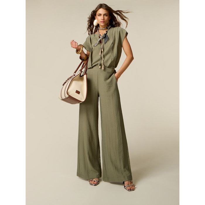 Oltre - Pantaloni palazzo effetto crinkle - Verde militare