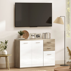 Buffet 2 tiroirs coulissants 2 placards étagère réglable panneaux blanc laqué effet bois naturel