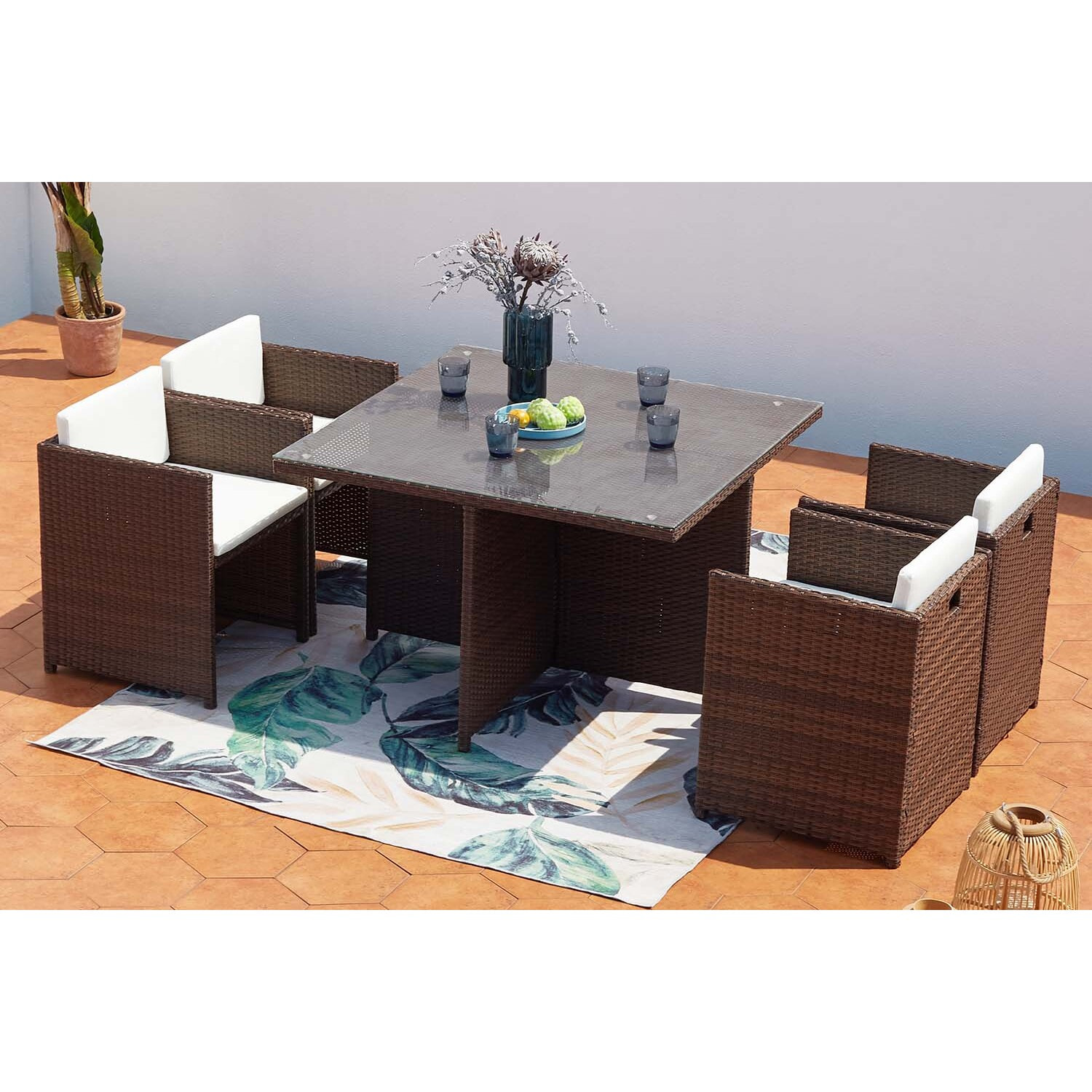 Table et chaises 4 places encastrables résine marron-blanc REGINA