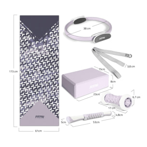 Pack accesorios yoga lila FITFIU esterilla, aro, bloque, barra, correa