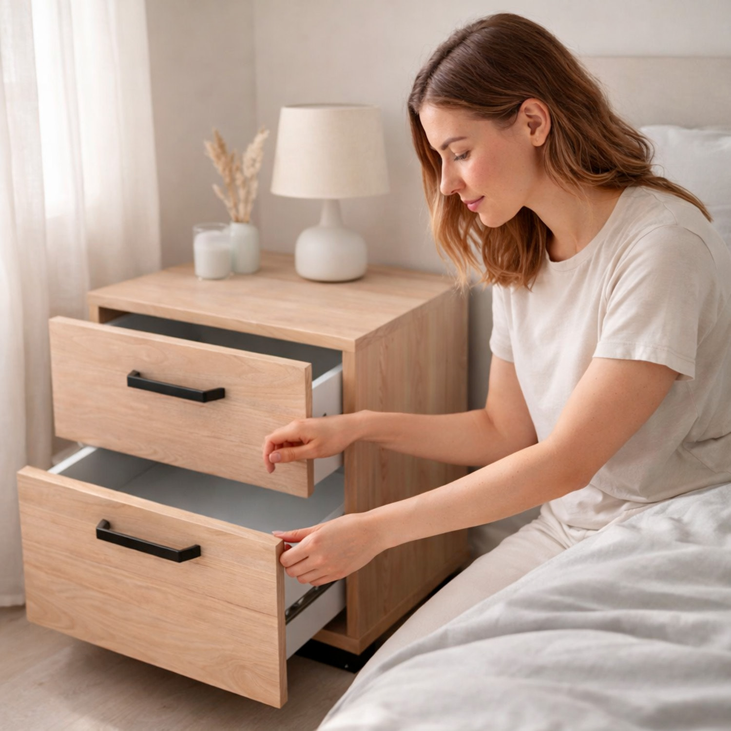 Comodino 2 Cassetti Notte Moderno Guide In Acciaio A Scorrimento Design Essenziale Salvaspazio Camera Da Letto Cameretta 40.2 x 39.8 x 44.3 Cm Rovere