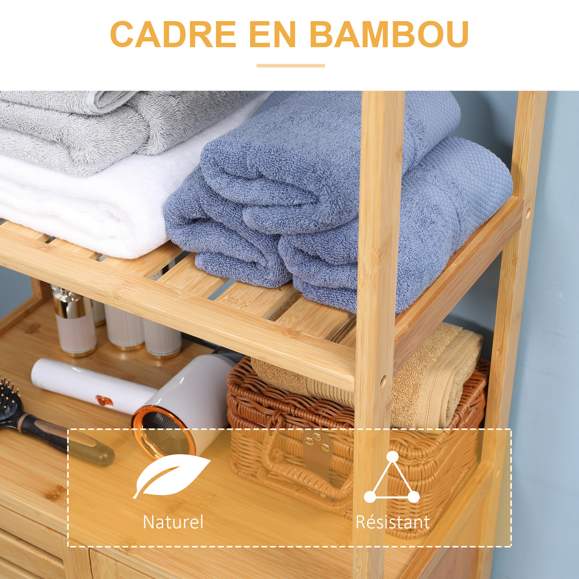Meuble salle de bain bois bambou 2 portes 3 étagères dim. 60 x 30 x 120 cm naturel
