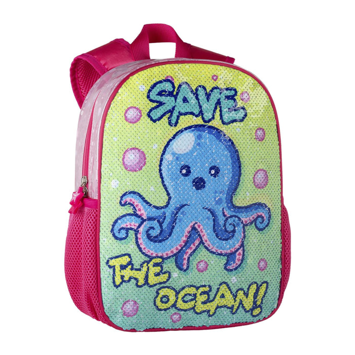 Mochila Infantil y Pre Escolar Guardería, Pulpito Save The Ocean con lentejuelas reversibles.