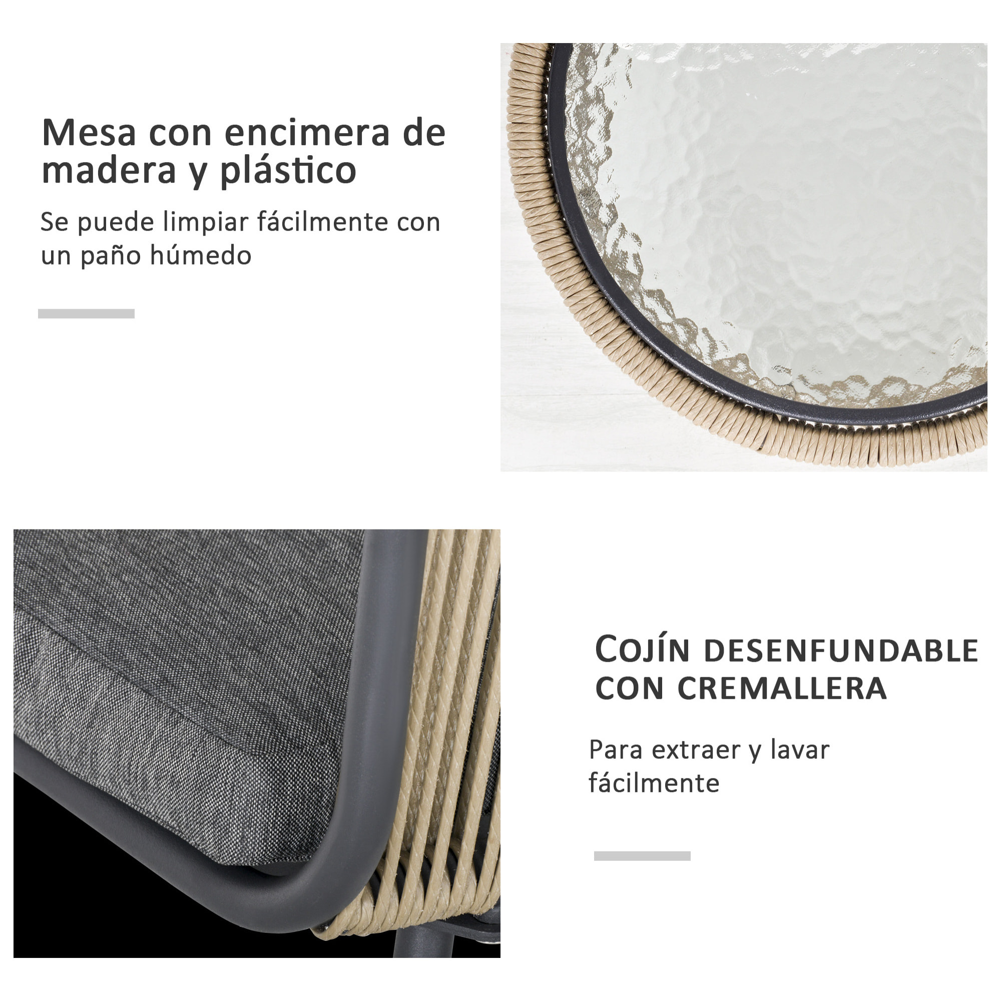 Conjunto de Jardín Exterior de 3 Piezas Juego de 2 Sillas y Mesa de Ratán con Cojines Acolchados y Encimera de Vidrio para Balcón Terraza Café y Gris