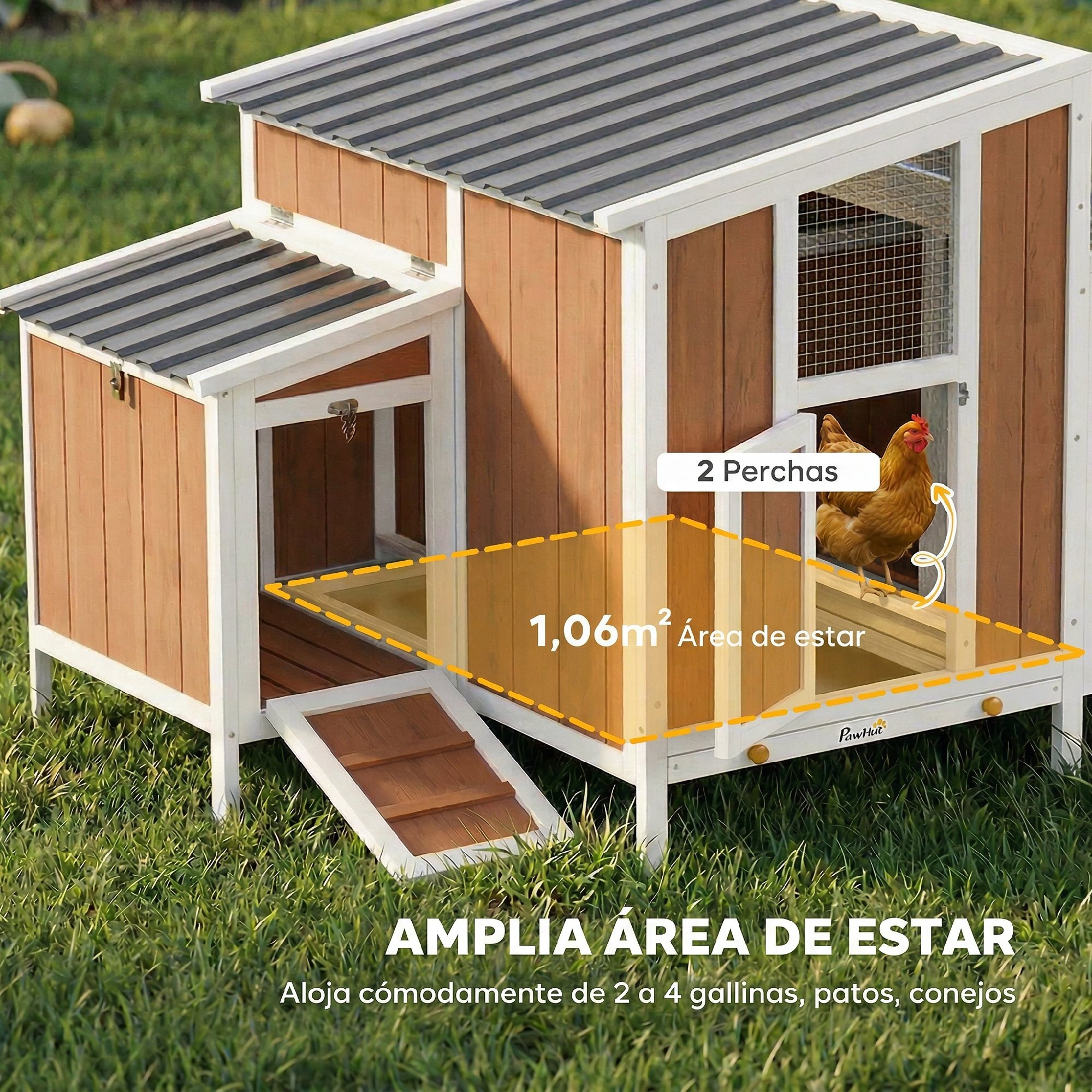 Gallinero para Exterior de Madera, 145x90x92 cm para 2-4 Gallinas, Gallinero con Nido, Casa Lateral, Bandeja Extraíble, Techo Impermeable, Puertas con Cerradura, Perchas, Conejera, Marrón Claro