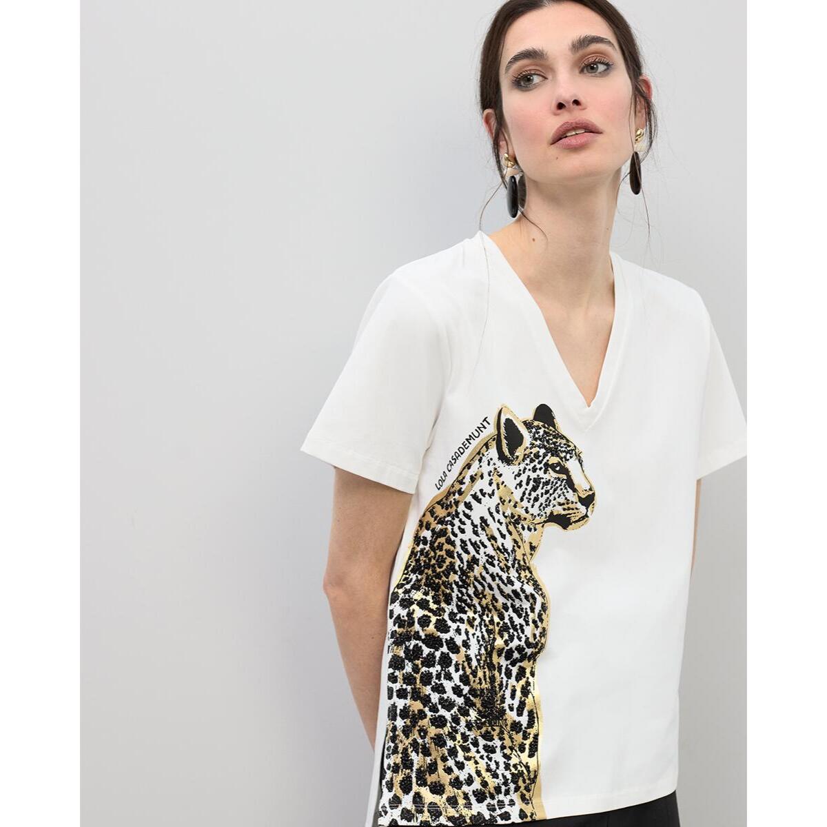 Maglietta con scollo a V con stampa animalier e perline