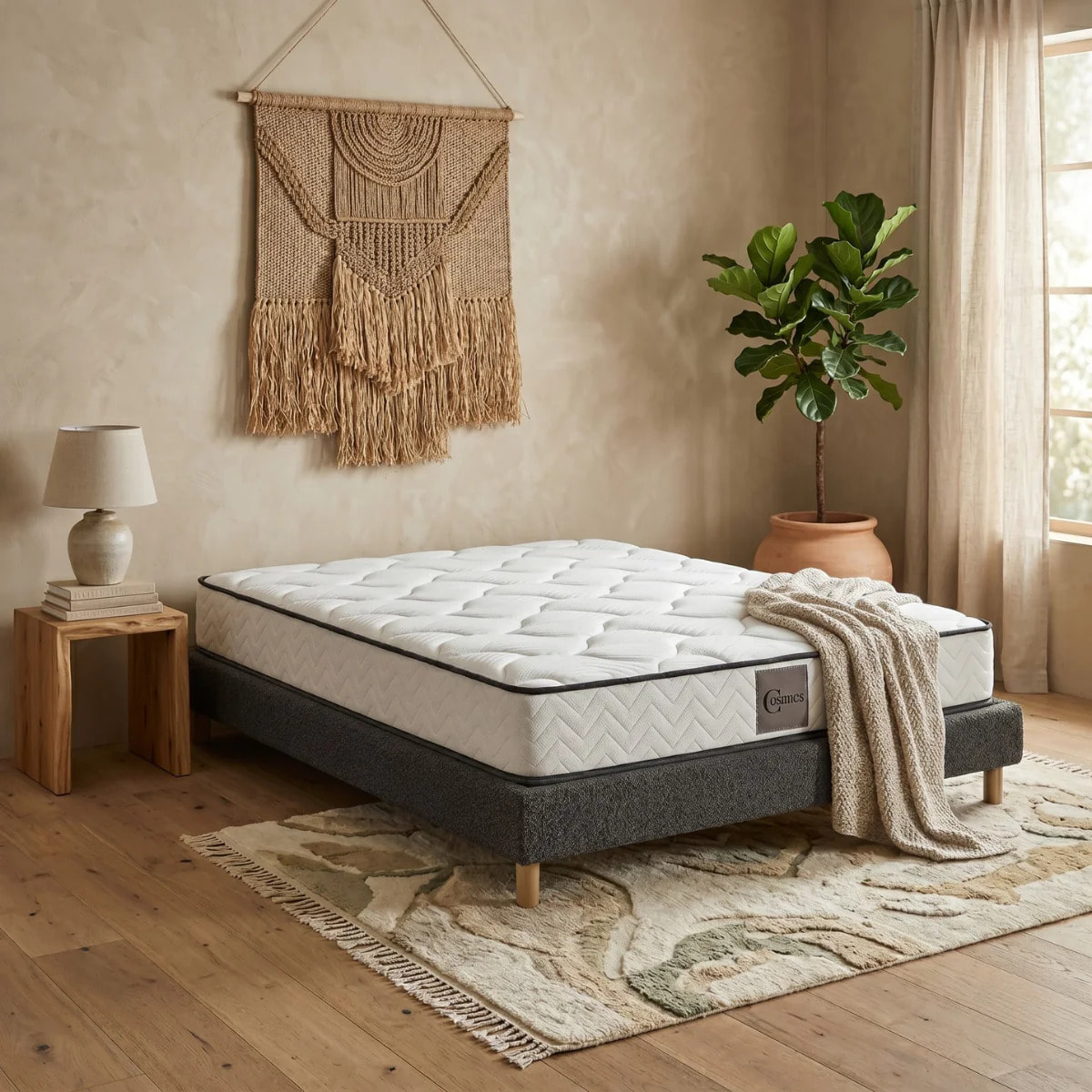 Ensemble matelas Univers & sommier Cancun | Mémoire de forme et ressorts ensachés | Cadre à lattes | Bouclette | Gris clair