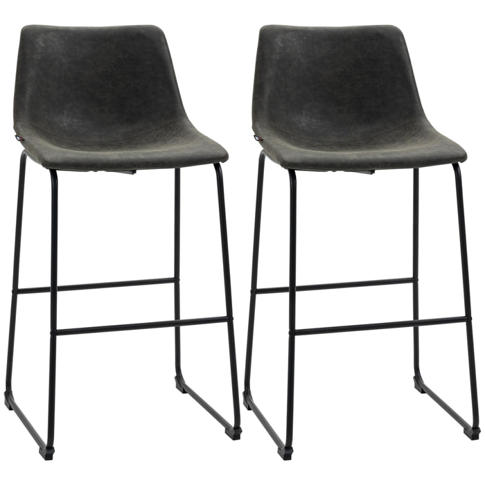 HOMCOM 2 Taburetes Altos de Cocina Tapizado en PU Taburetes de Bar con Respaldo Patas de Acero y Reposapiés para Comedor Carga 110 kg 47x54x99 cm Gris Oscuro