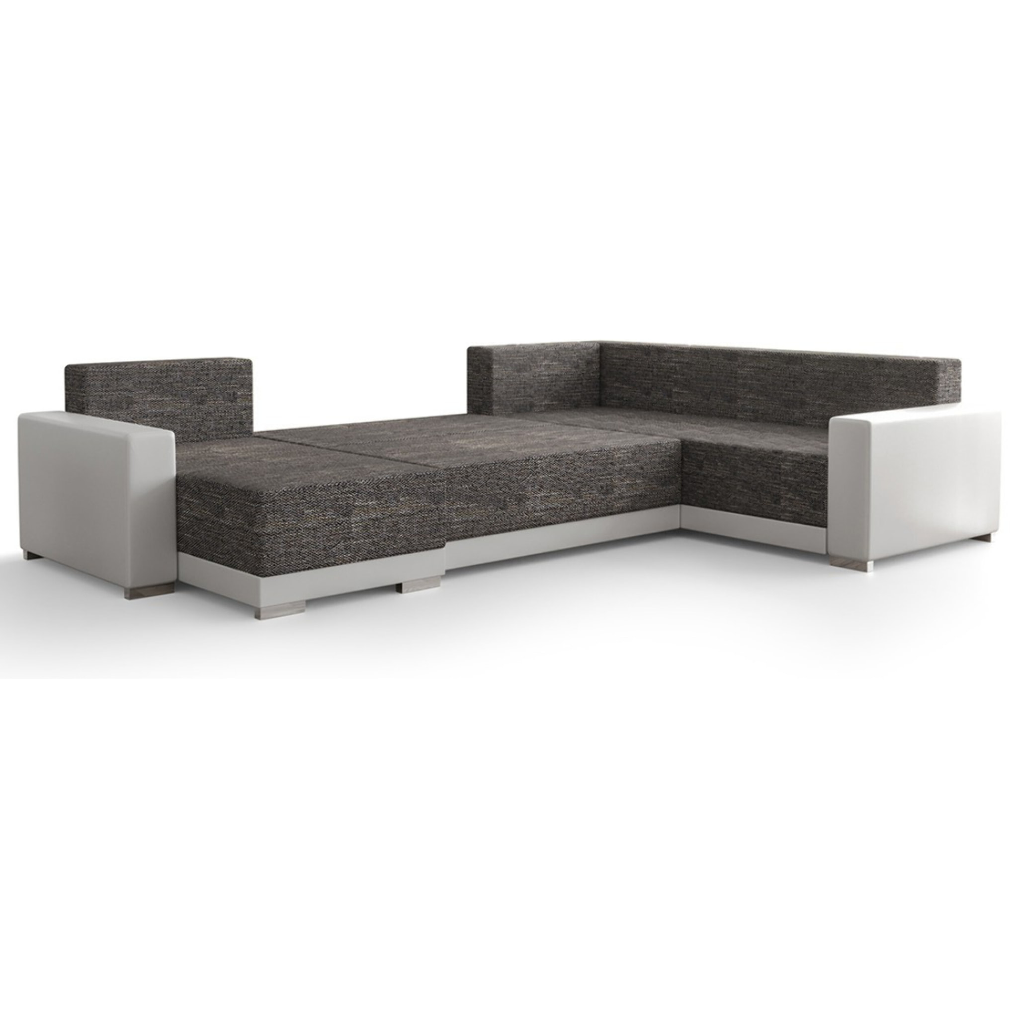 Roger - Canapé panoramique d'angle réversible 7 places convertible avec coffre en tissu - Gris / Blanc
