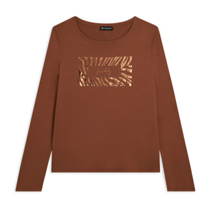 T-shirt donna manica lunga con logo strass