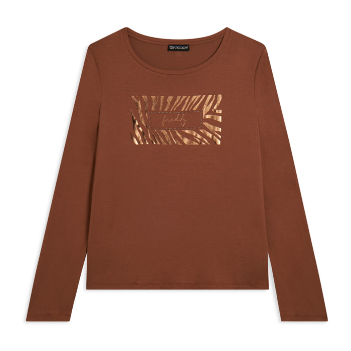 T-shirt donna manica lunga con logo strass