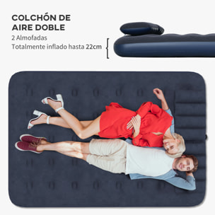 Colchón Hinchable Doble 191x137x22 cm con Inflador Manual Colchón Inflable Plegable con 2 Almohadas Integradas Superficie Flocado para Huéspedes Hogar Viajes Camping