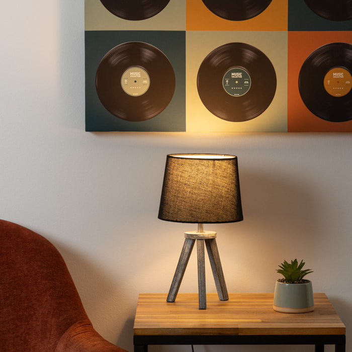 Lampe mini trépied - bois et noir H31 cm