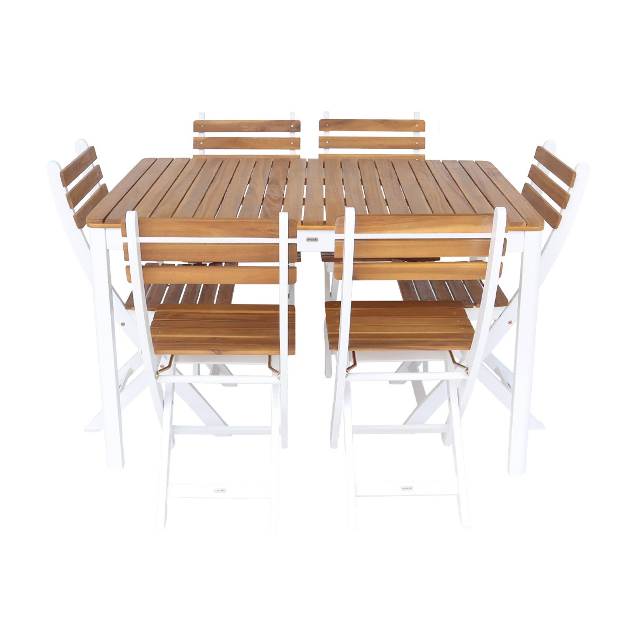 Table de jardin acacia avec coins arrondis + 8 assises blanc. 160 x 90 x 75 cm